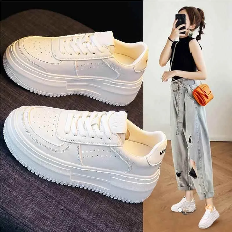 

Women's Thi Bot Sneakers Spring New Sle Casual oes Sports Leisure Platform Flats round Toe Leather Upaded Version