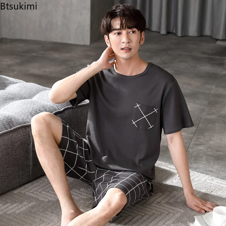 2024 Men\'s Summer Casual Cotton Sleepwear Sets Short Sleeve Shirts and Shorts Men 2PCS Sleepwear Pyjamas Male Homsuit Loungewear