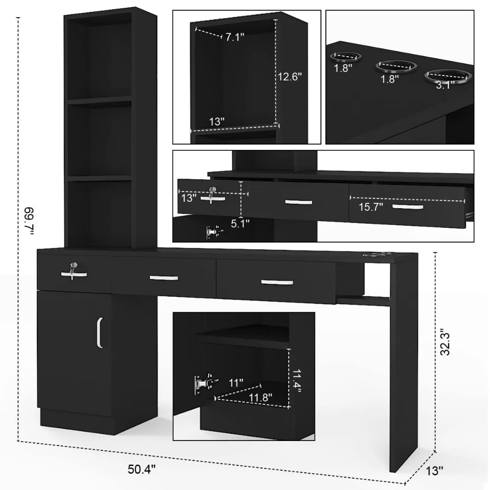 مجموعة معدات صالون الشعر المثبتة على الحائط، مجموعة أثاث سبا التجميل، رف يسار قابل للقفل، مرآة غير متضمنة (أسود) #3