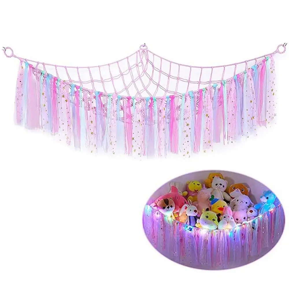

Decoration Colorful Ribbon Toy Hammocks Woven Cotton Rope Plush Toy Mesh Bag Space Saving Tassels Triangle Toy Net