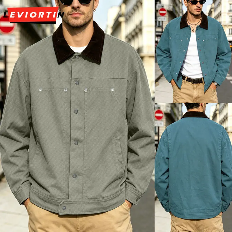 Men's Vintage Hunting Workwear Jacket, American Style Colorblock Collar Button-Up Shirt Jacket, Casual Streetwear Outwear Coats