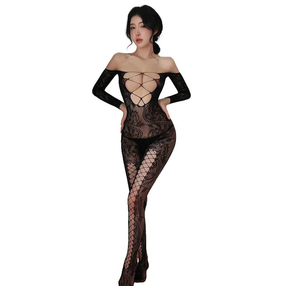 

Women Sexy Lingerie Fishnet Jumpsuit Crotchless Transparent Temptation Stockings Exposed Chest Underwear See-through Sleepwear