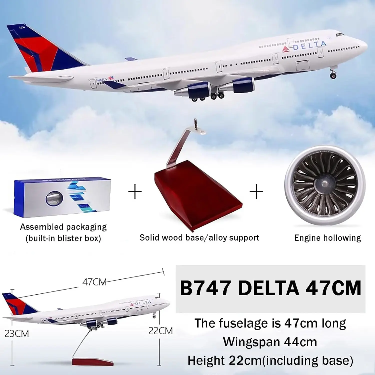 

47cm Airplane Models B747 Delta Airline Resin Scale Aircraft Miniature Model With Landing Gear Wheels Light For Collection Gift