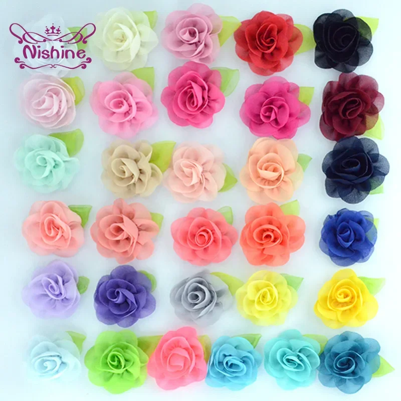 10pcs/lot Leaf Chiffon Flowers Rosette Rose Floral Kids Girls Hair Accessory Artificial Flower for Baby Women Diy Headwear