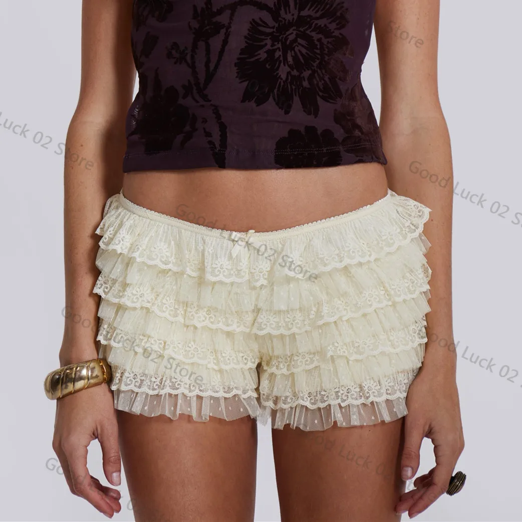 

2025 женские сетчатые кружевные шорты Y2k, многослойные шорты с рюшами и оборками, сексуальные шорты для мальчиков с бантом феи, трусики, вечерние клубная одежда