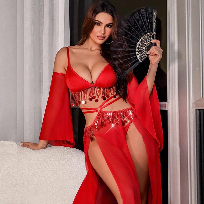 

Women's Pajamas Tassel Sexy Nightgown Hollow Red Tulle Sleepwear 4 Pieces Boudoir Pajama Sets Romantic Sensual Split Night Dress