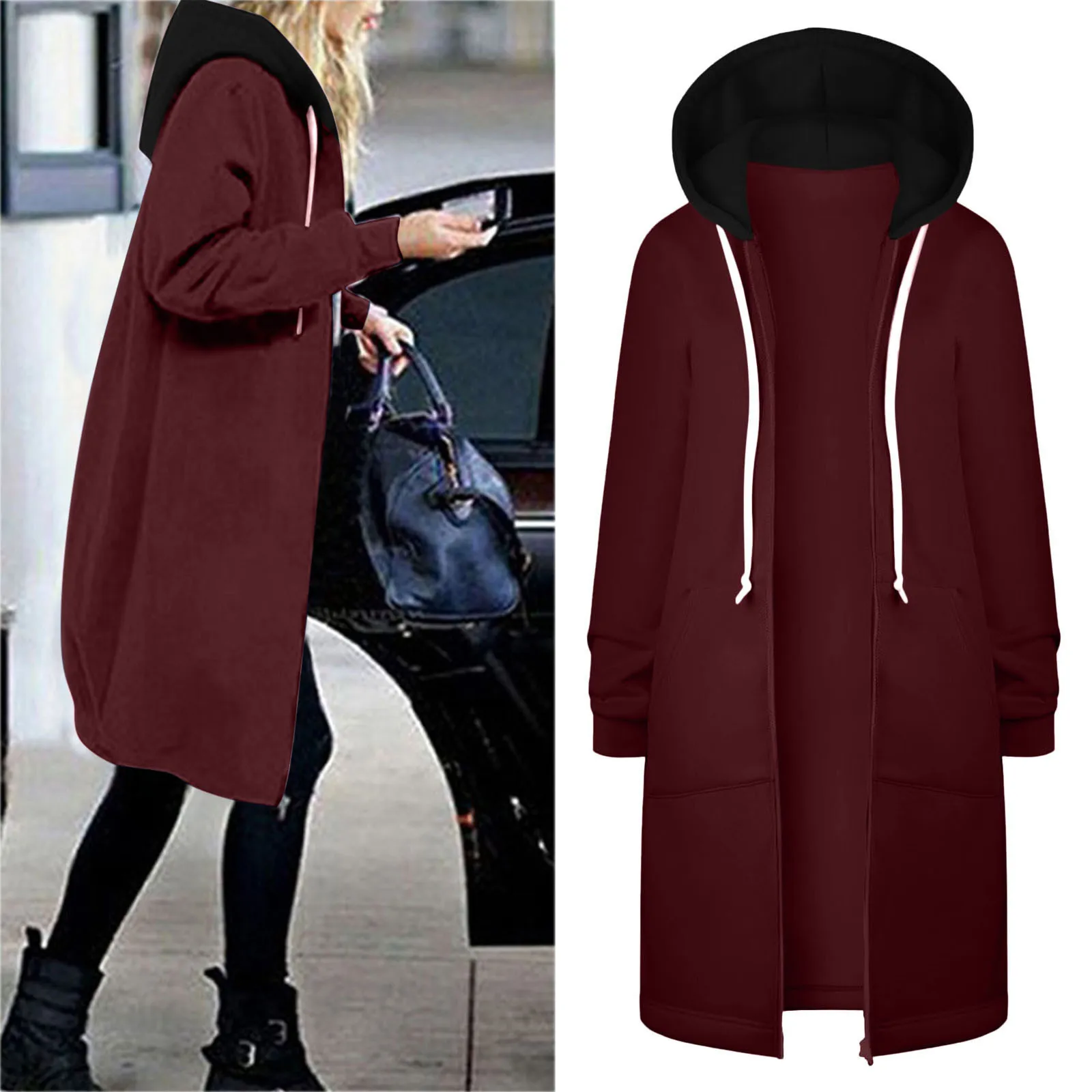 

Women's Warm Outwear Zipper Open Hoodies Sweatshirt Long Solid Color Pocket Coat Jacket Causal Fashion Top