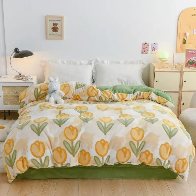 

Желтый цветочный растительный принт из молочного флиса, 4 шт., домашний текстиль, одеяло, пододеяльник, простыня, комплект постельного белья Queen King, оптовая продажа