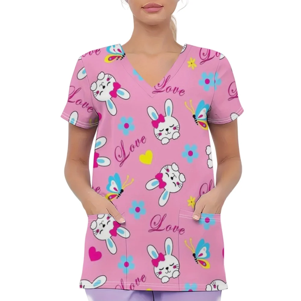 Damska bluzka medyczna z krótkim rękawem, dekoltem w serek i kieszenią, uroczy króliczek i jajko, letnia, codzienna, wygodna, z kieszeniami, odzież medyczna.