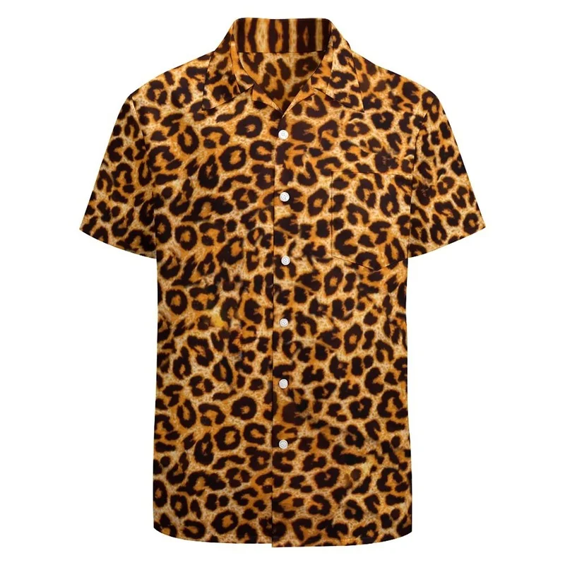 Full Print Leopard Graphic Shirts For Mens Summer Short Sleeves Button Down Hawaiian Beach Shirts Mens Oversized Tees Top