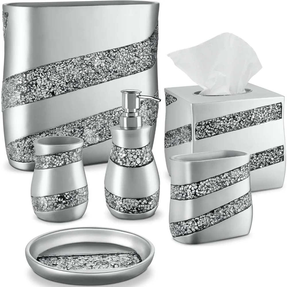 

Silver Mosaic Bathroom Accessories Set Complete - 6 Piece Bathroom Set Includes: Bathroom Trash Can, Tissue Cover, Soap Dispens