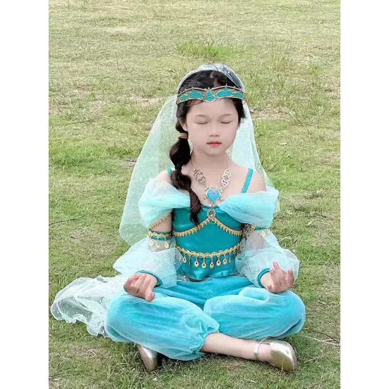 カスタマイズされた子供のインドダンスパフォーマンス衣装エキゾチックガールベリーダンス衣装ブルートップパンツ袖帽子