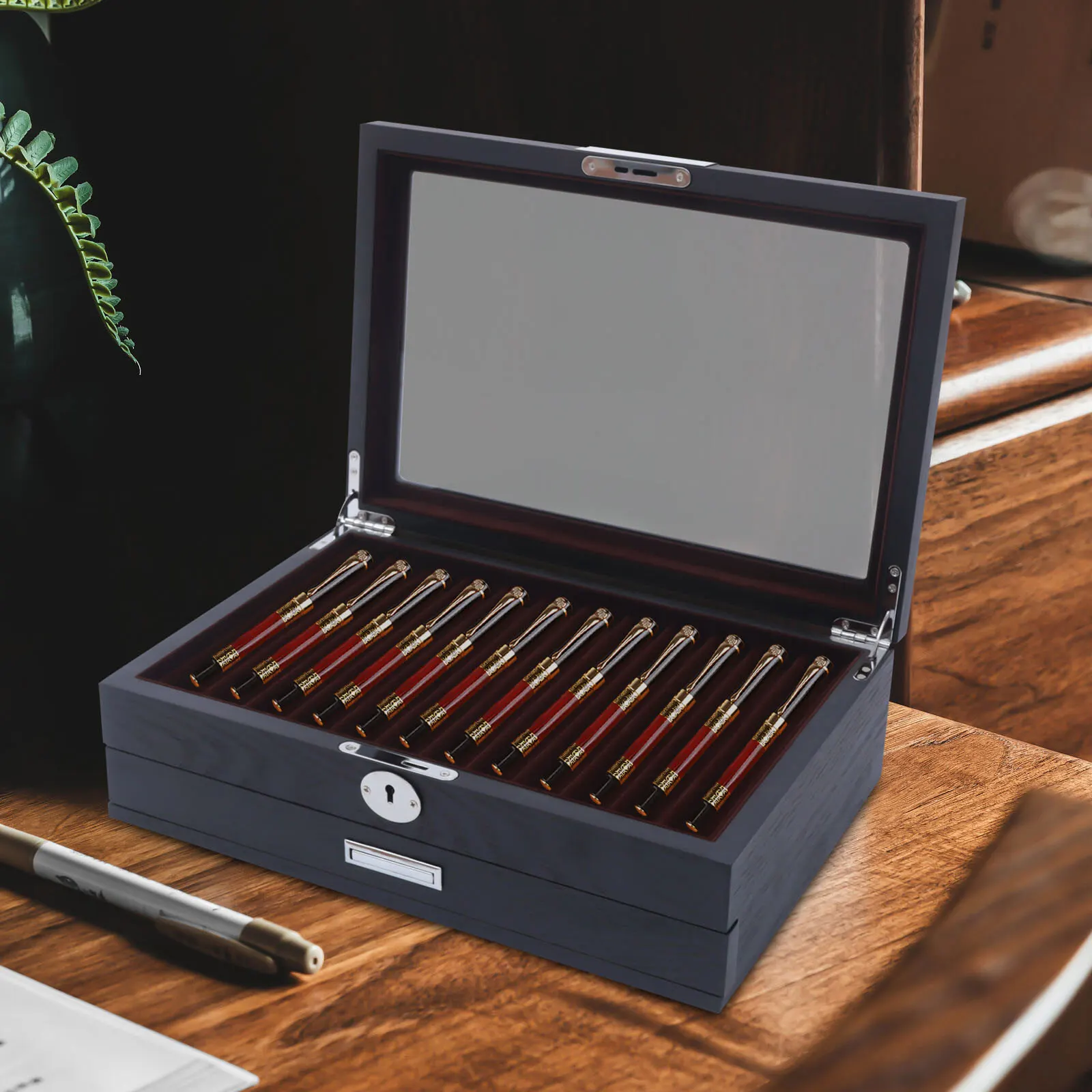 

2-слойный органайзер для перьевых ручек с 23 слотами, коллектор для хранения, бархатный ящик для дисплея, чехол для хранения, черный