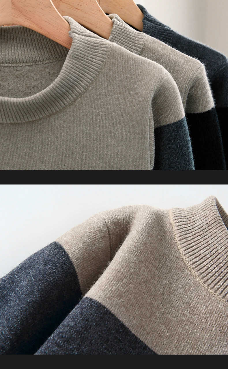 High Quality Mens Striped Sweater Half High Neck Sweater Men's Plush Thickened One Piece Plush Knitted Tops 2024 Autumn Pullover