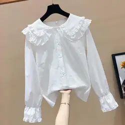 Stylish Lace Doll Neck Base White Thin Shirt for Women's New Spring Autumn Sweet Age Reducing Versatile Temperament Elegant Top