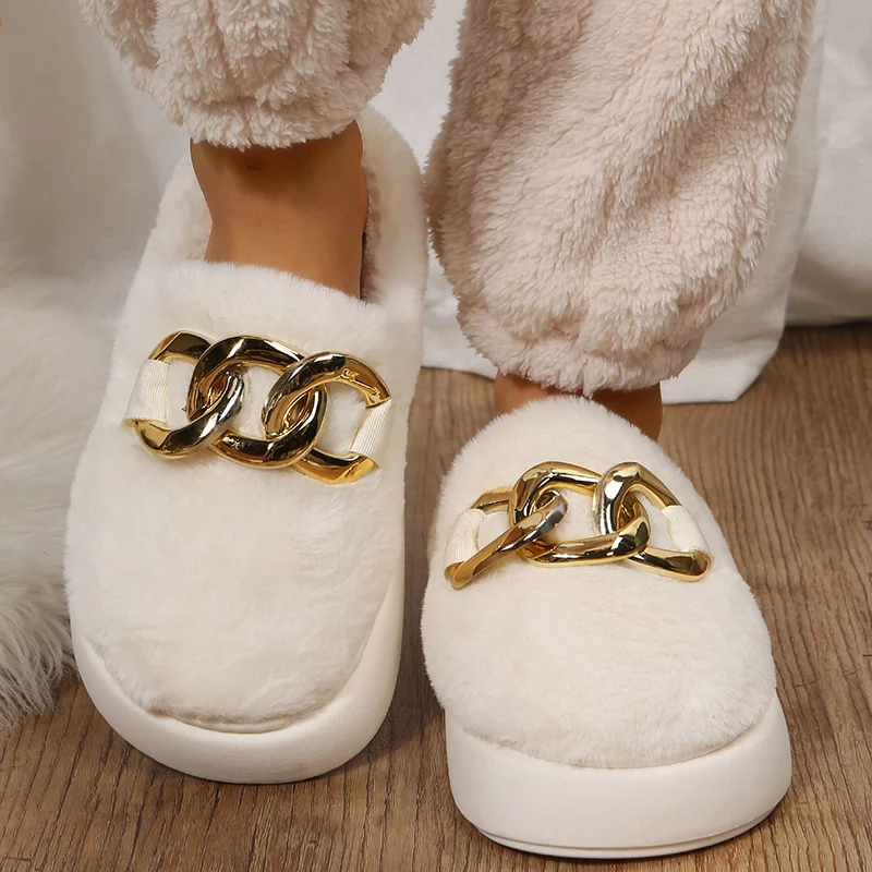 Womens Home Slipper 2023 New Autumn Winter Plush Warm Ladies Indoor Faux Fur Shoes Slides Fashion Chain Ladies Family Slippers