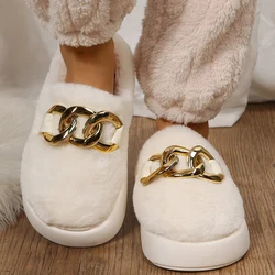 White Women Home Slipper Autumn Winter Plush Warm Shoes Ladies Indoor Faux Fur Shoes Slides Fashion Chain Ladies Family Slippers