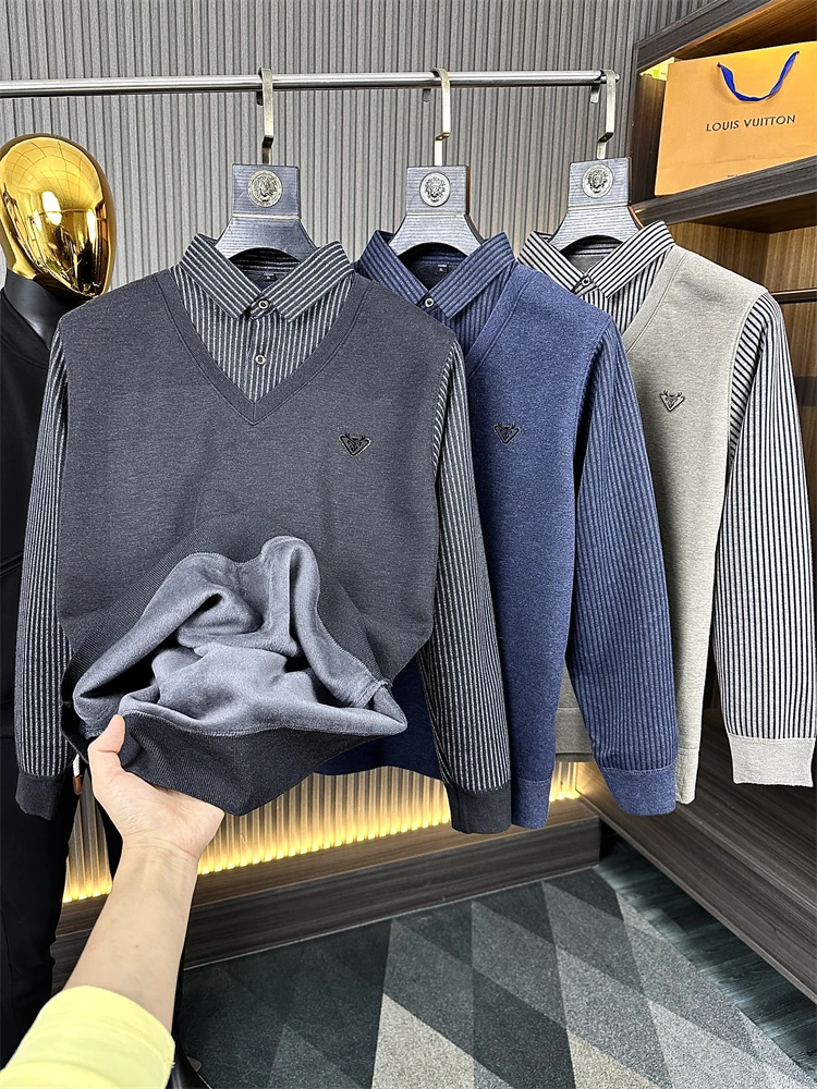 

Busin Commuter Sle Men's Knitted Sweater Long Sve Flip Collar Striped Faion Urban Winter Wear Pure Color Casual