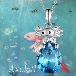 Cute Cartoon Axolotl Blue Water Drop Crystal Pendant Necklace for Women Fashion Girl Animal Jewelry Accessories Birthday Gifts