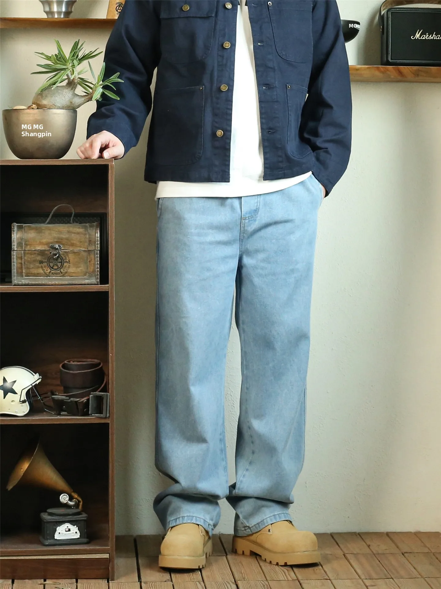 

Thiened Fce Lined Straight Leg Jeans Elastic Waist Loose Fit Long Trousers Light Color plus Size Men Women Autumn Winter