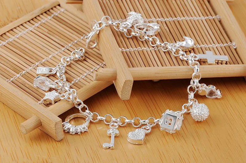 Fashion 925 Sterling Silver Bracelet for Woman Pretty Heart Zircon Pendant Chain Wedding Party Gifts Classic Jewelry 20CM 8inch