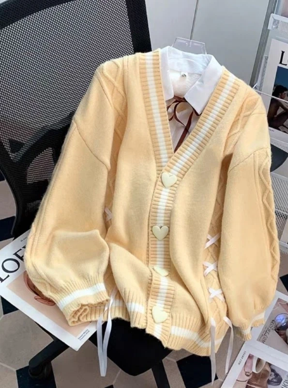 Sweet Bow Knitted Cardigans Y2k Aesthetic All Match Contrast Color Coats Fashion Single Breasted Kawaii JK Sweaters Jumper