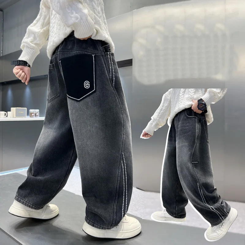 Cowboy Autumn Winter Boys Thermal Jeans High Street Denim Pants Child Retro Blue Warm Baggy Insulated Jeans Trousers For Kids
