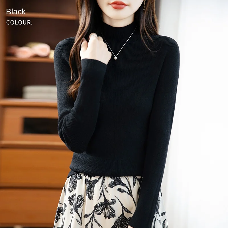 سترة محبوكة شبه عالية الرقبة على الموضة للخريف والشتاء، بلوفر نسائي بأكمام طويلة بلون سادة، سترة عالية المرونة-105