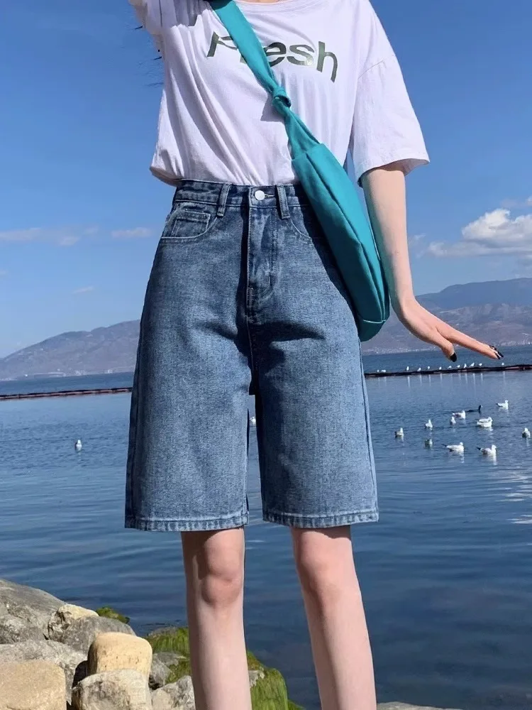 Retro Blue High Waist Wide Leg Short Jeans Women's Stylish Slimming Summer New Arrival Five-Point Loose Fit Casual Shorts