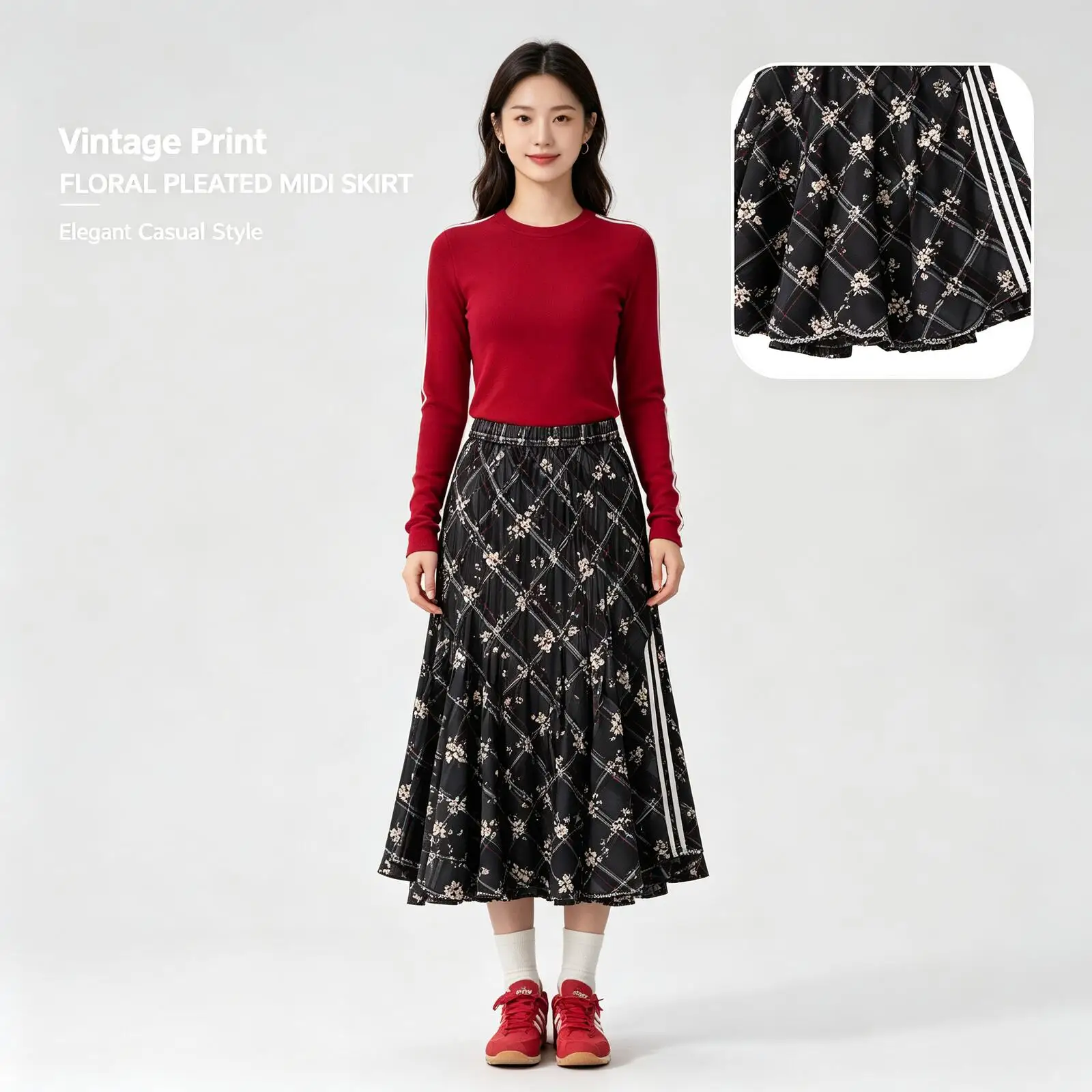 Adidas 2026 New Women Women Black Floral Pleated Midi Skirt High Waist Print Skirt Casual Elegant Streetwear KT6381