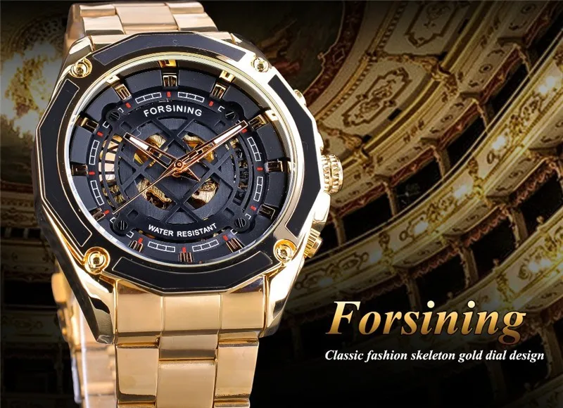 Fashion Forsining Top Brand Men\'s Hollow Out Skeleton Full Golden Luxury Stainless Steel Fully Automatic Mechanical Wrist Watch