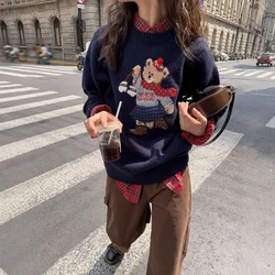 Women's Sweet Vintage Knitting Long Sleeve Casual Pullovers 2024 Autumn Winter Fashion Round Neck Bear Appliques Loose Sweater