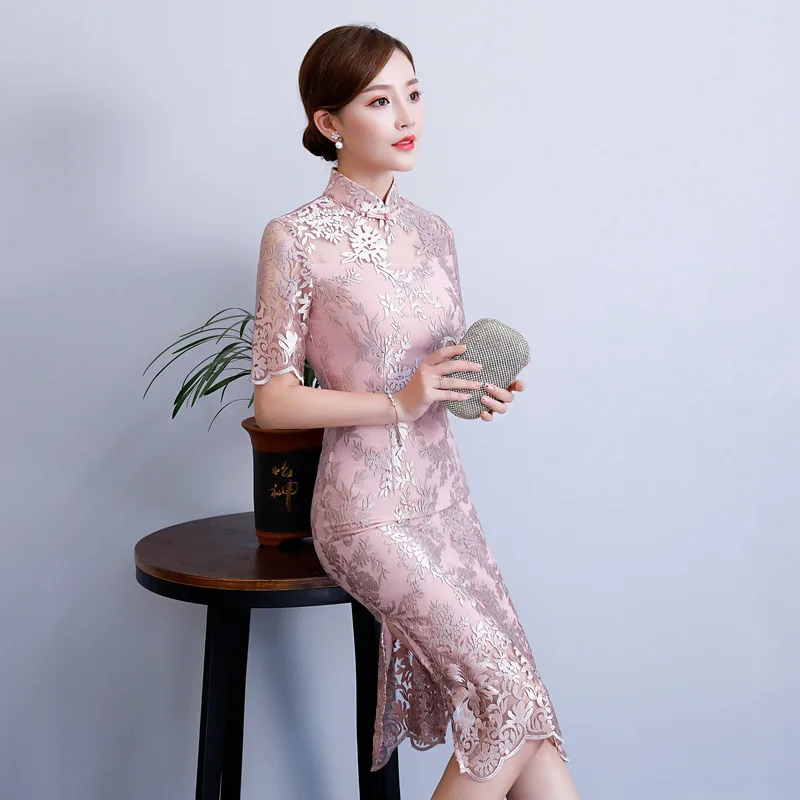 Autunm New Lady Lace Qipao Women Embroidery Sexy Short Sleeve Mandarin Collar Party Dress Female Chinese Traditional Cheongsam