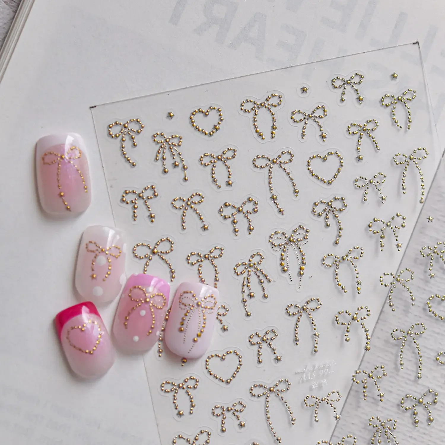 1pc 3D Lace Bow Series 5D Nail Stickers Shiny Diamond Gold Silver Chain Heart Pattern Self-adhesive Nail Art Stickers Decoration