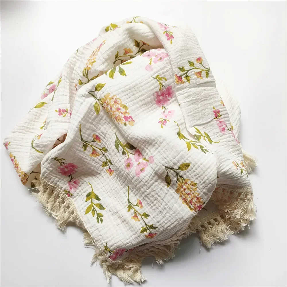 2 Layers Baby Blankets Newborn Tassel Cotton Muslin Swaddle Wrap Blanket Print Gauze Infant  Bedding Quilt Blanket Diaper