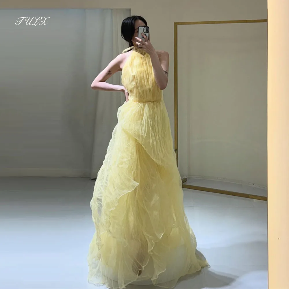 

TULX Fairy Yellow Tulle Evening Dress Halter Sleeveless Wedding Korea Photo Shoot Floor Length Party Dresses Corset Customized