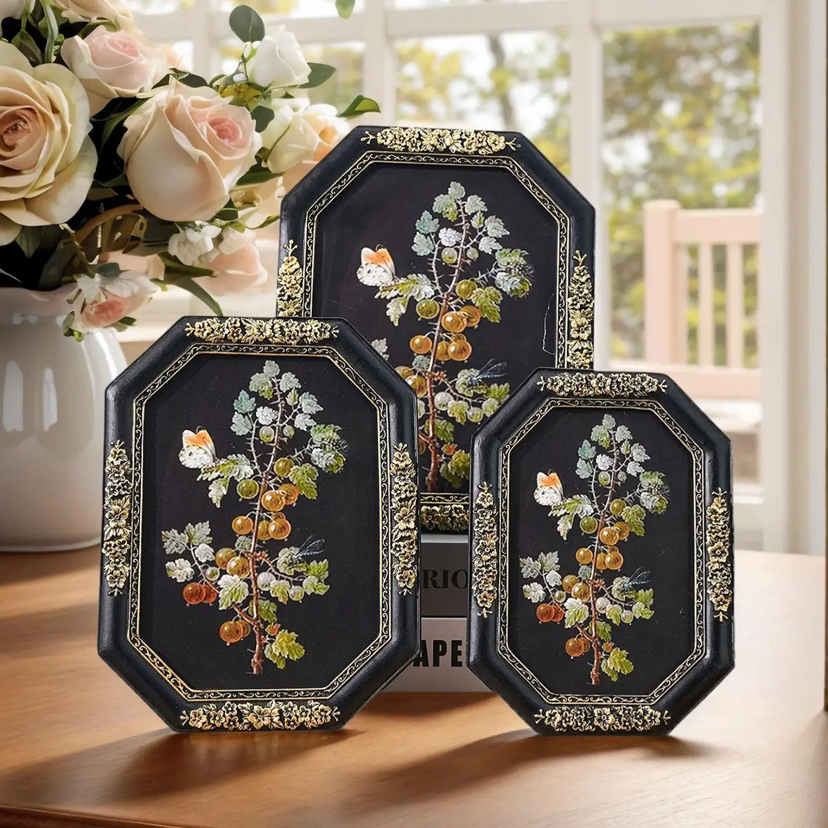 Vintage Octagonal Pattern With A Classical Frame. Black And Green Resin Decorative Painting. For Placement On The TV Cabinet