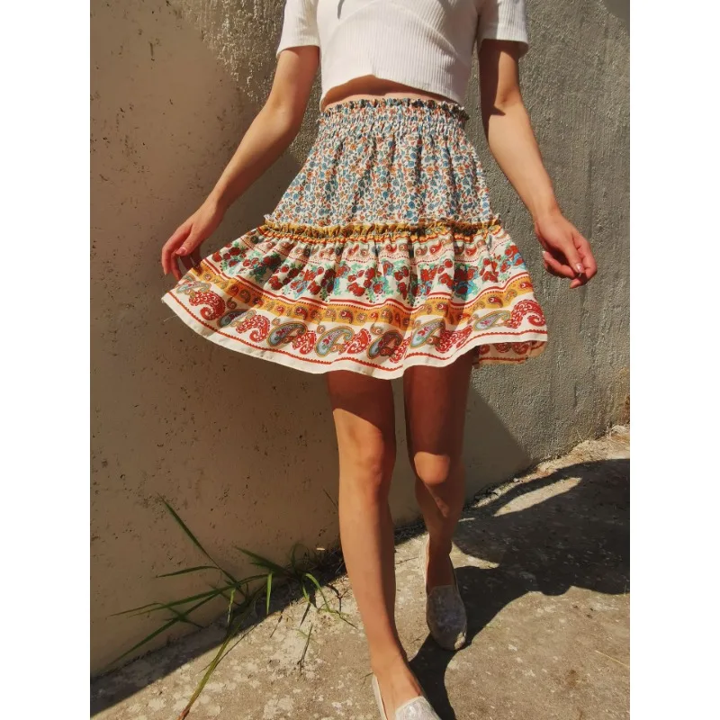 2024 Summer New Bohemian Women's Casual Printed Ruffled A-line Skirt Female Travel Fashion Pleating Literary Retro Mini Dresses