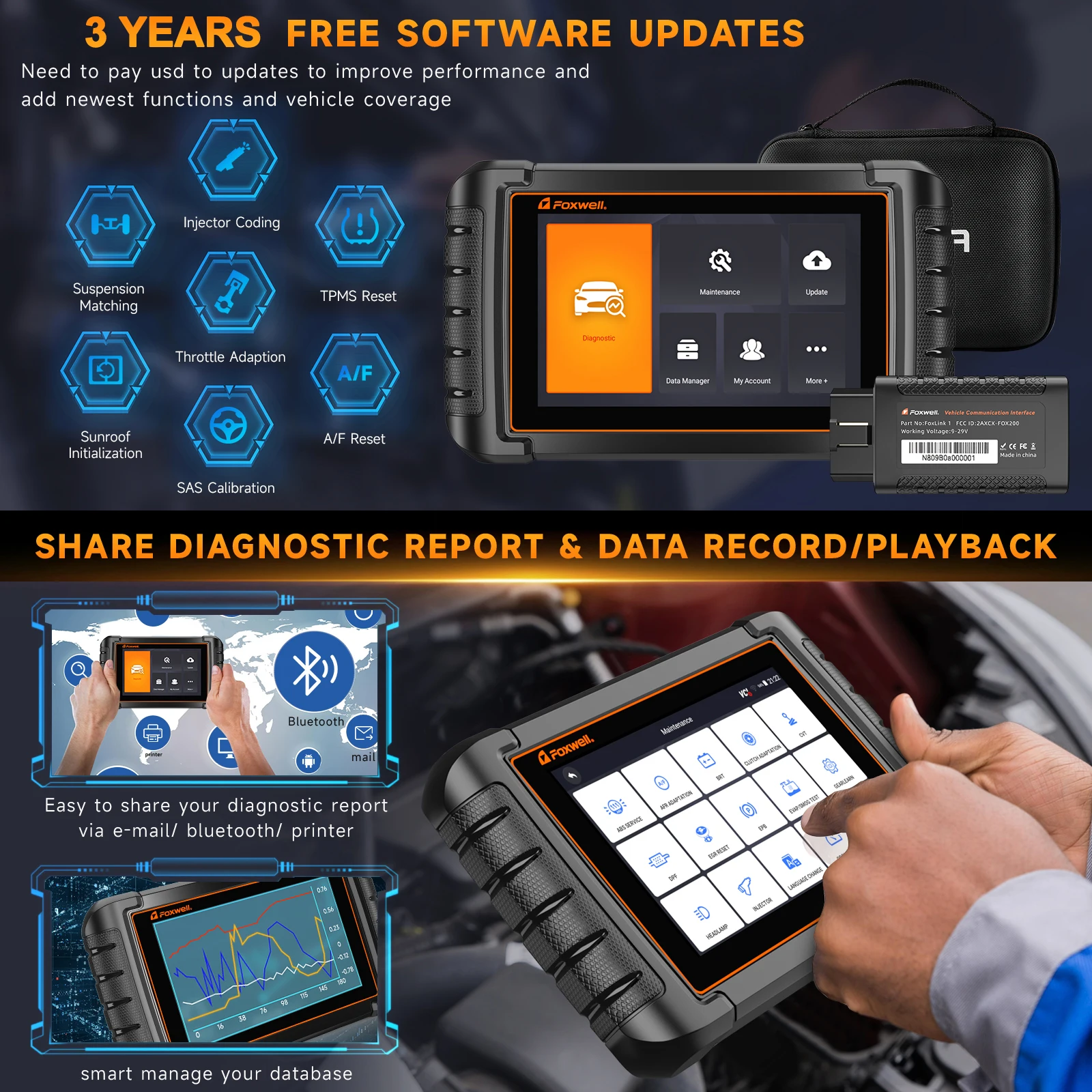 FOXWELL NT809BT OBD2 Bluetooth Samochodowe narzędzie diagnostyczne Wszystkie systemy Dwukierunkowy test 30+ Reset czytnika kodów Skaner OBD2