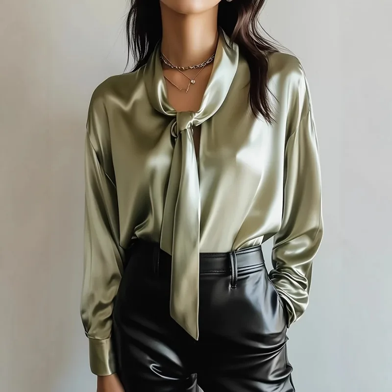 

Женская атласная блузка с завязками на шее, длинный рукав, элегантный свободный крой, офисный повседневный стиль, шелковистая, однотонная.