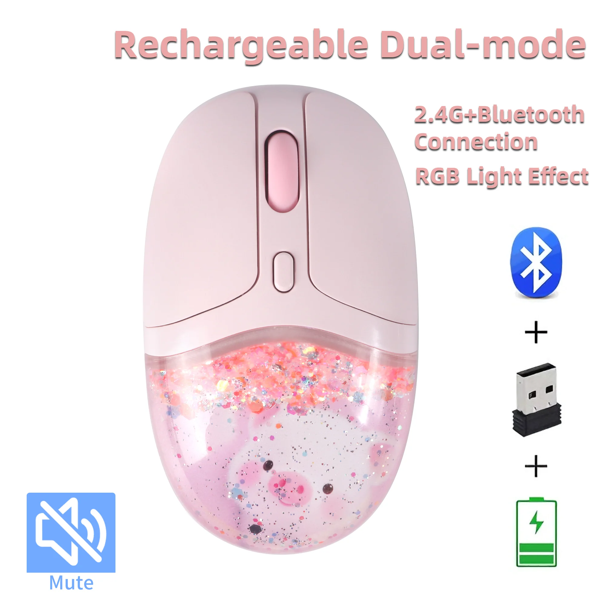 Cute Dual-mode Mouse Bluetooth 2.4G Rechargeable Mute Flowing Crystal Beautiful Light Effect Mute Button Office Use Girl Mause