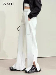 Amii Minimalism Casual Pants for Women 2024 Autumn New Letter Print Elastic Waist Wide Leg Sporty Fashion Lady Trousers 12443102