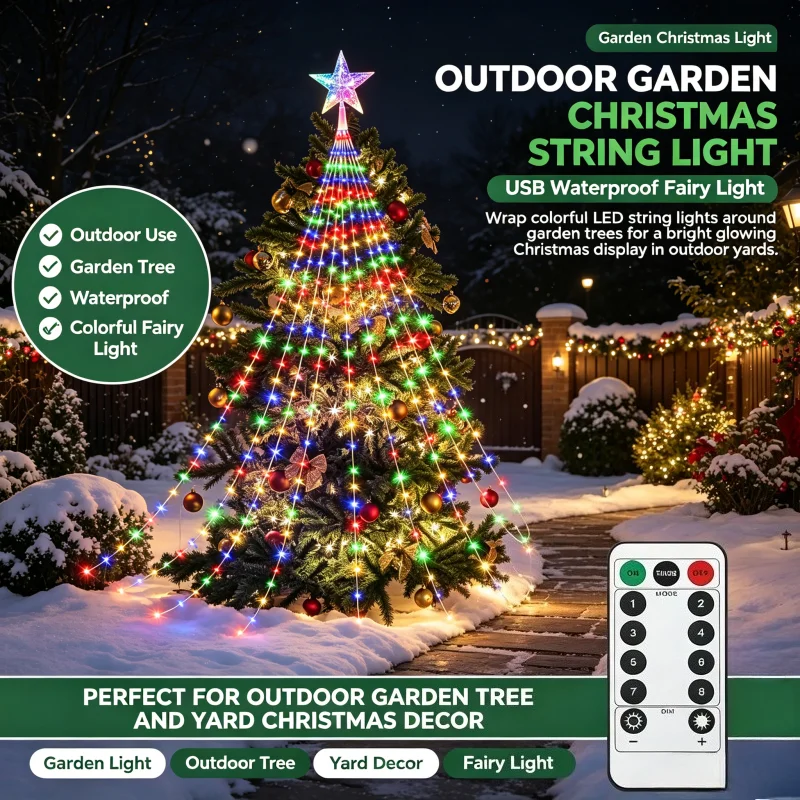 Christmas Tree String Light Outdoor USB Waterproof LED Warm White Colorful Glow Lamp Courtyard Gate Fence Landscape Decor