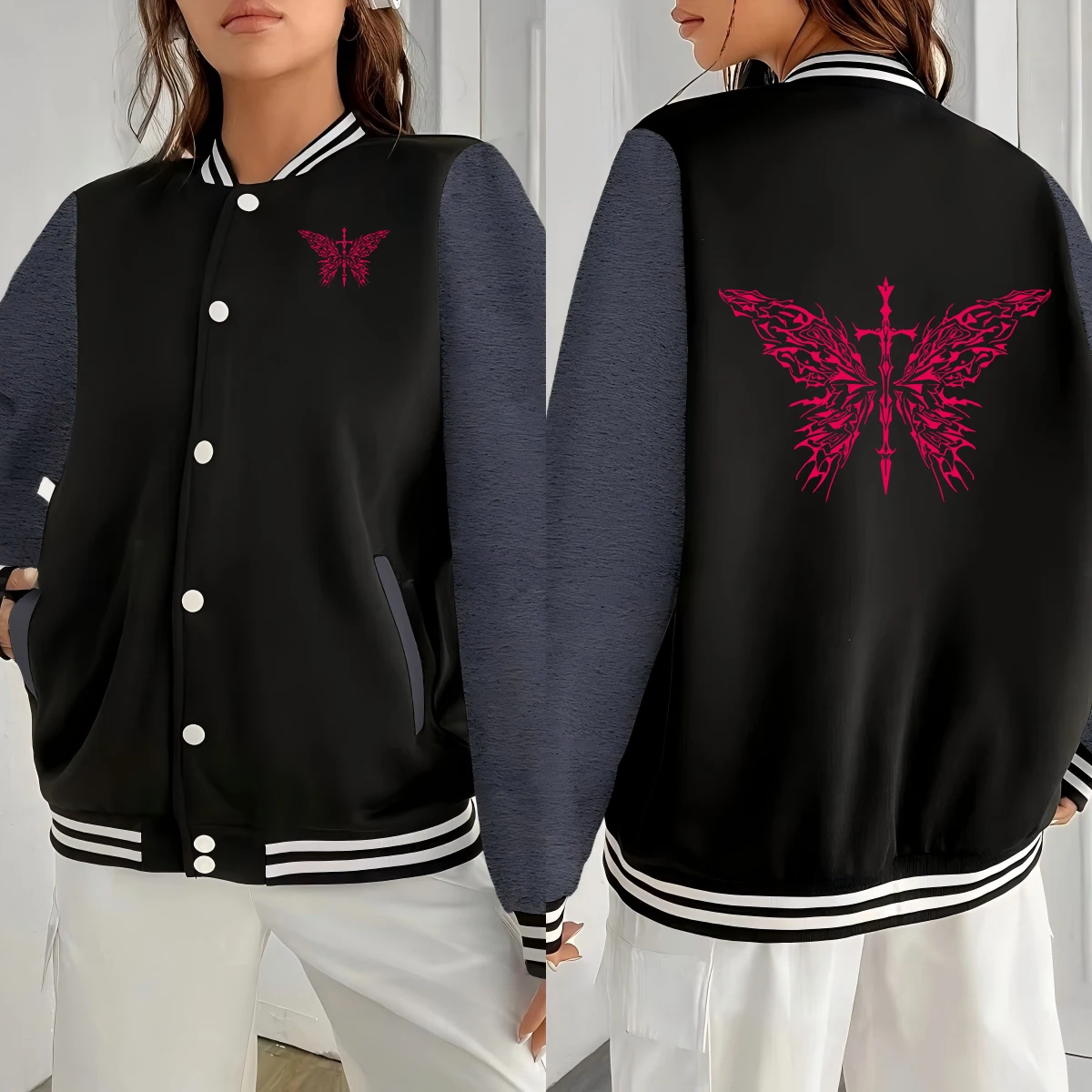 

Sword And Wings Creative Butterflypattern Women Streetwear Hip Hop Soft Jacket Casual Loose Baseball Simplicity Warm Clothing