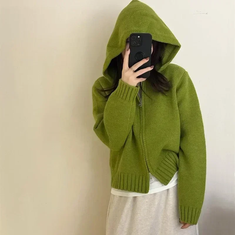 Vintage Solid Color Zipper Hooded Sweater Women Korean Style Knit Tops Hoodies Casual Female Long Sleeves Cardigan Knitwear