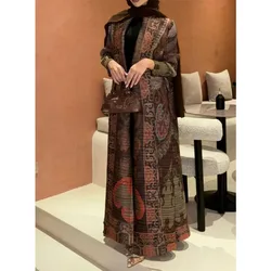 Miyake Pleated Women's Large Lapel Tie Cardigan Ethnic Printed Long Shawl Jacket Shat Dress Long Jacket Abaya