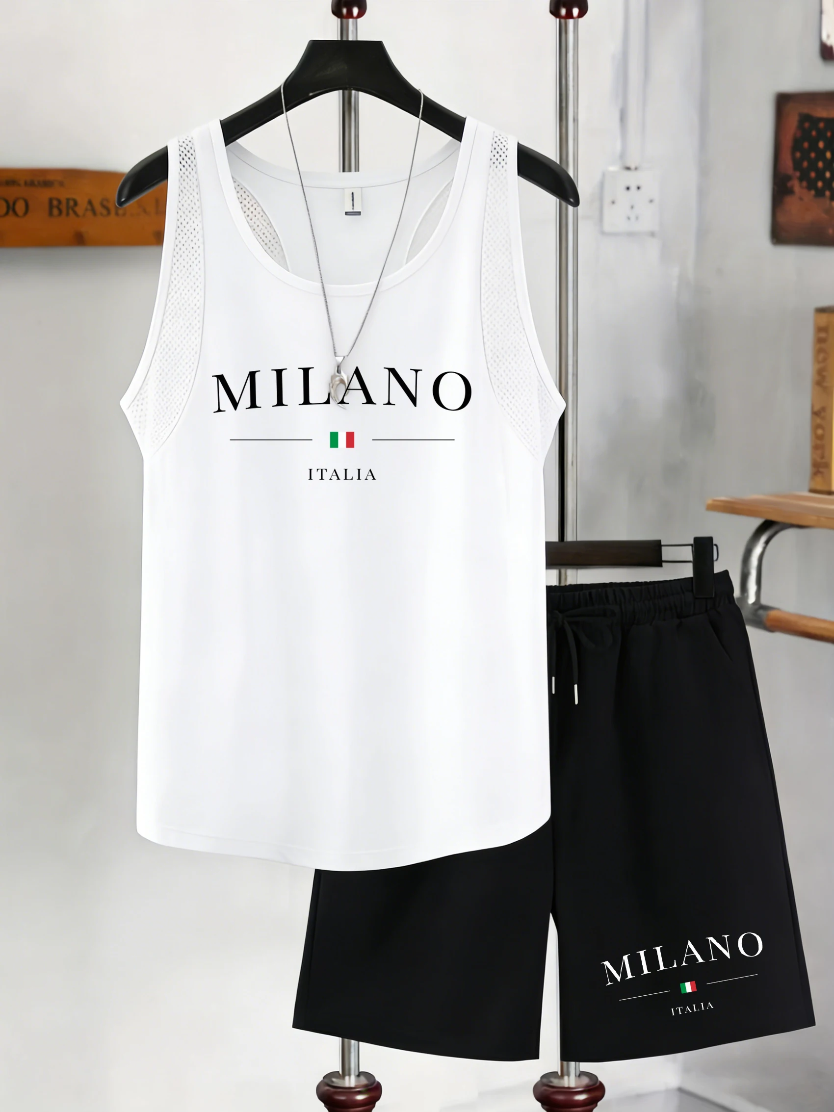 

Italia Milano City Print Men Reticular Vests Set Fashion Drawstring Shorts Summer Soft Sleeveless Tee Unisex Basics Sportsuit