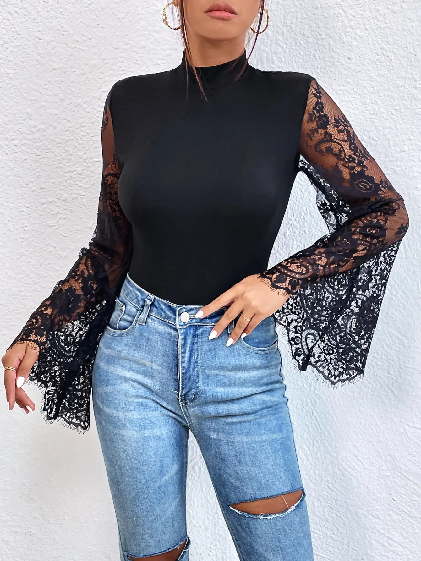 New Summer Cloths Women\'s Black Lace Patchwork Long Sleeved Flared Sleeve Round Neck Tight Sexy Jumpsuit Rompers