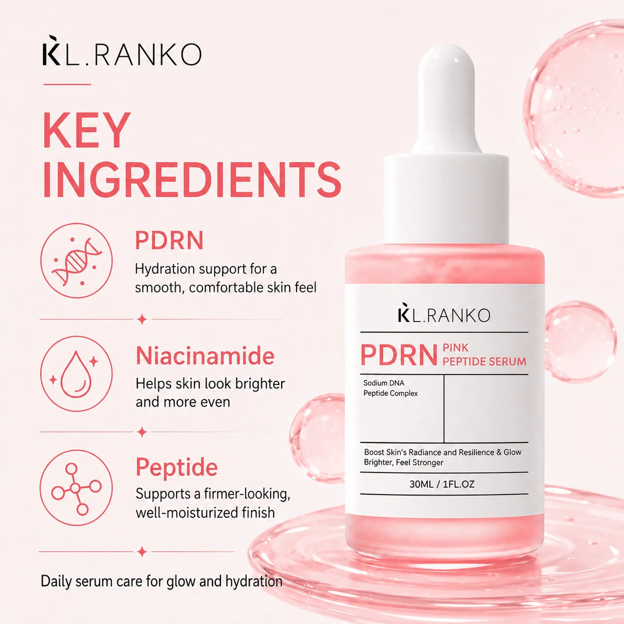 KL.RANKO PDRN Pink Peptide Serum with Salmon DNA | Pink Glow Serum - PDRN, Collagen & Peptides for Hydration, Even Skin Tone & Brighter-Looking Glow, Peptide Serum for Face, Korean Skin Care, 30ml/1.01 fl.oz