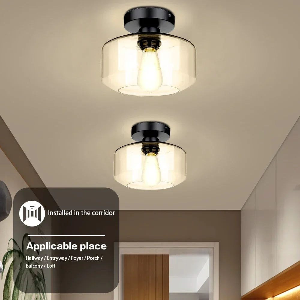 Industrial Ceiling Light Semi Flush Mount with Clear Glass Shade for Indoor Farmhouse Bedroom Hallway Lighting Fixture